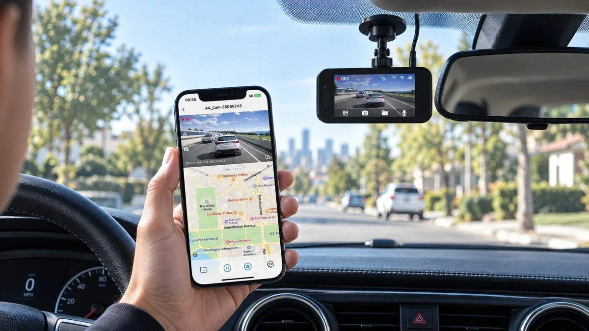Kyltoor dash cam connected to a smartphone using the Viidure app for live view and driving footage access