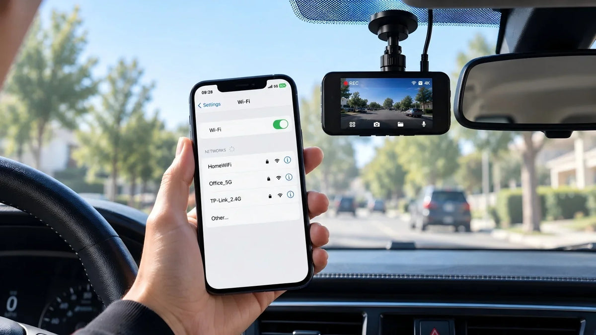 Kyltoor dash cam Wi-Fi troubleshooting guide showing a smartphone checking for the dash cam network