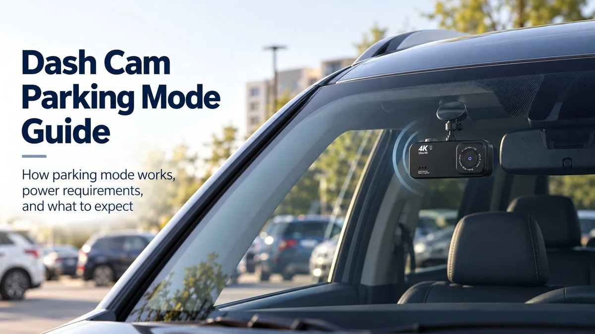 Kyltoor dash cam parking mode guide showing a dash cam installed in a parked vehicle